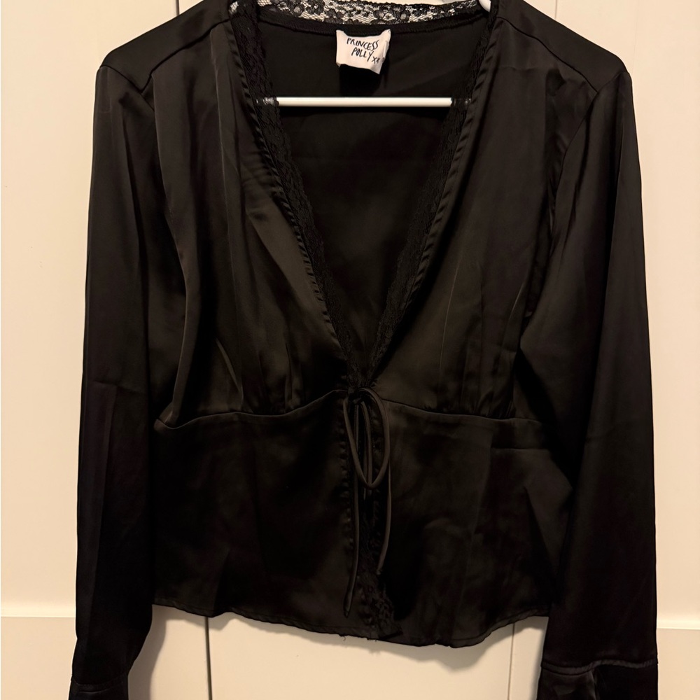 Princess Polly Black Satin Tie-Front Blouse